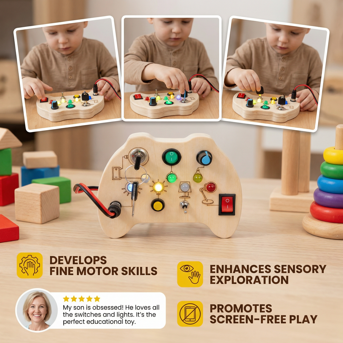 Wooden LED Busy Board Controller – Montessori Sensory Learning Toy for Motor Skills