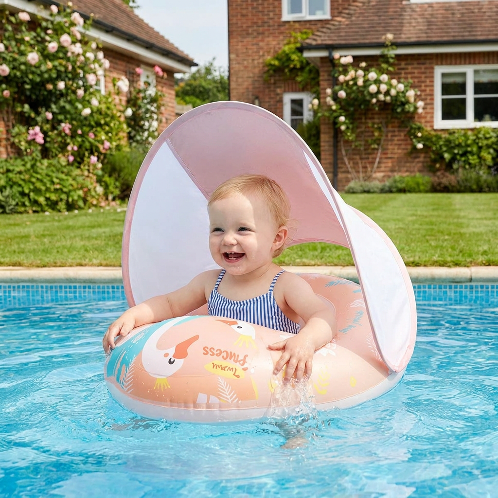 Swan Baby Swim Ring with Sun Canopy – Inflatable Safety Float Seat for Babies