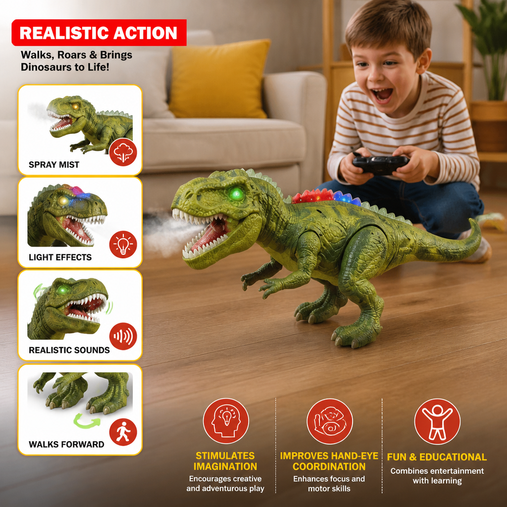 Remote Control Walking T-Rex – RC Dinosaur with Spray Mist, Lights & Sound