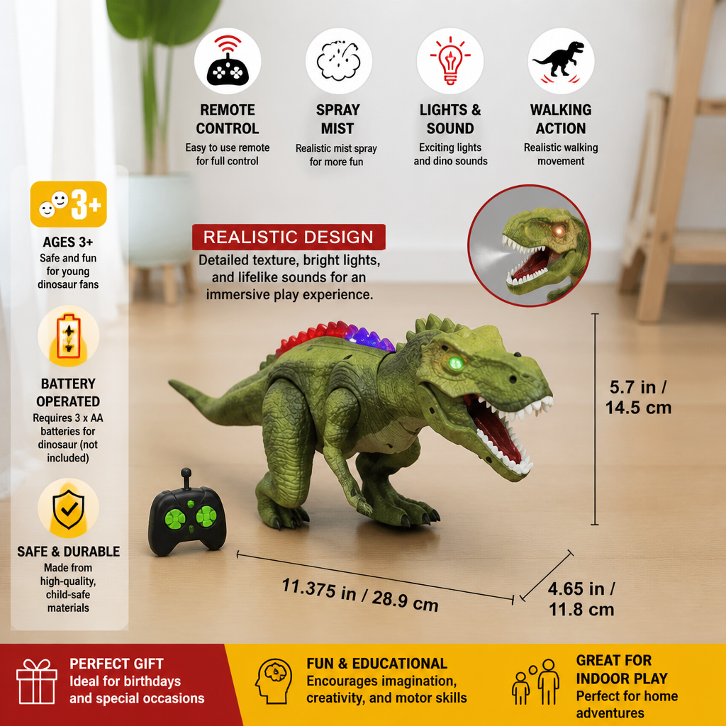 Remote Control Walking T-Rex – RC Dinosaur with Spray Mist, Lights & Sound