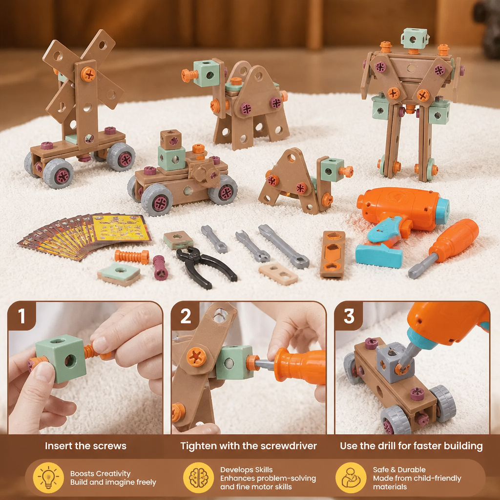 144-Piece Kids Tool Set with Drill & Toolbox – STEM Montessori Construction Kit
