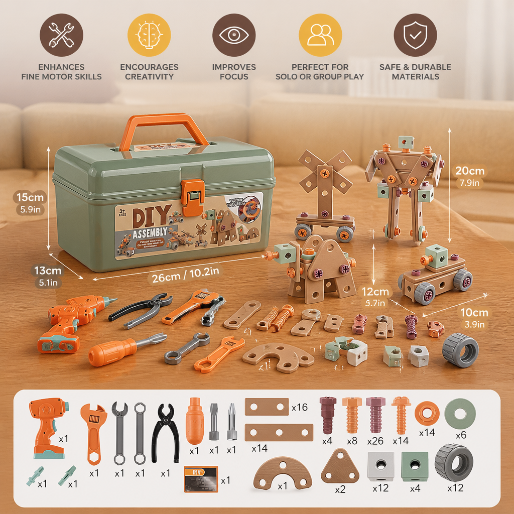 144-Piece Kids Tool Set with Drill & Toolbox – STEM Montessori Construction Kit