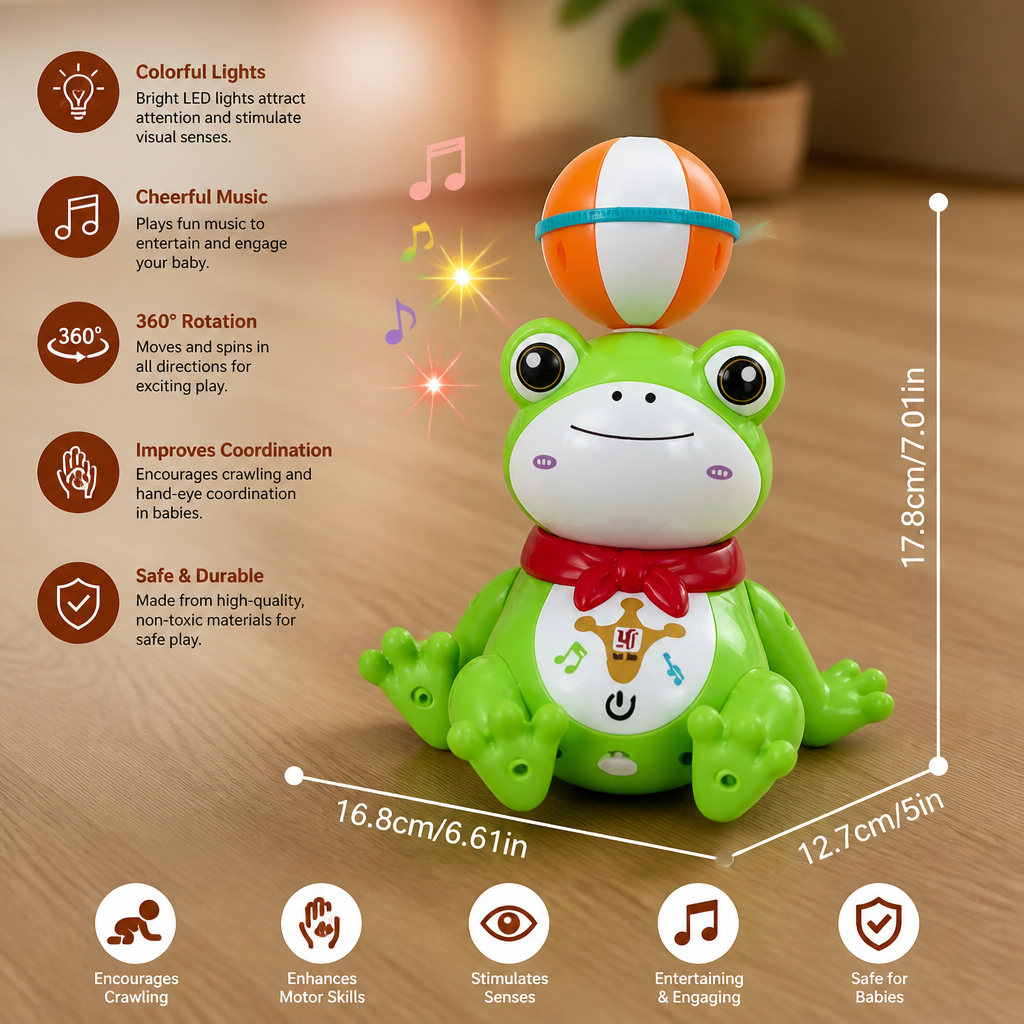 Interactive Ball-Balancing Frog Toy with Lights, Music & 360° Rotation