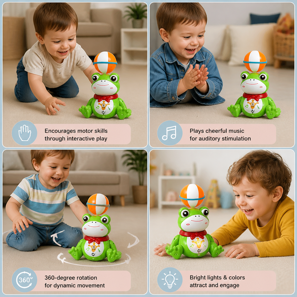 Interactive Ball-Balancing Frog Toy with Lights, Music & 360° Rotation