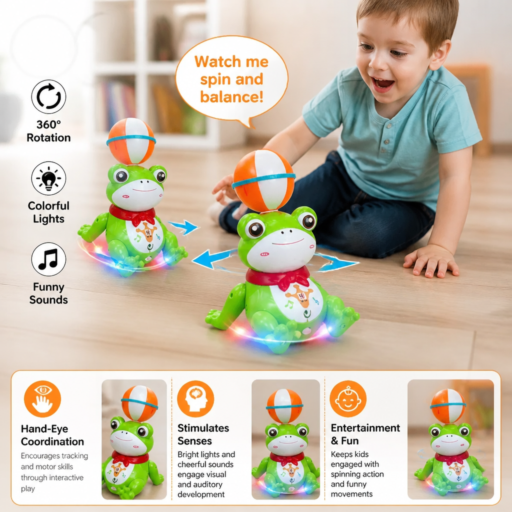 Interactive Ball-Balancing Frog Toy with Lights, Music & 360° Rotation