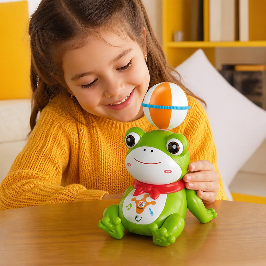 Interactive Ball-Balancing Frog Toy with Lights, Music & 360° Rotation