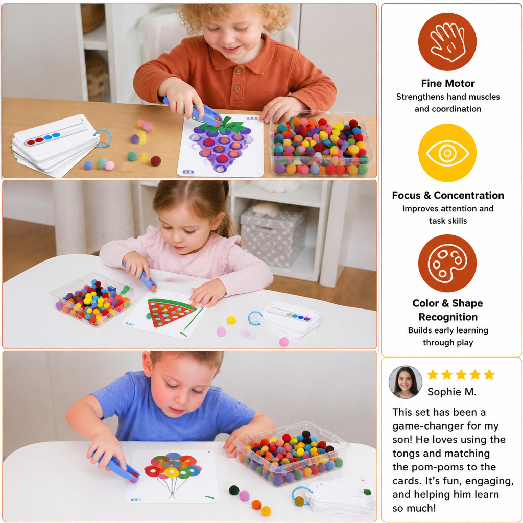 Montessori Pom-Pom Color & Numbers Learning Game for Fine Motor Skills