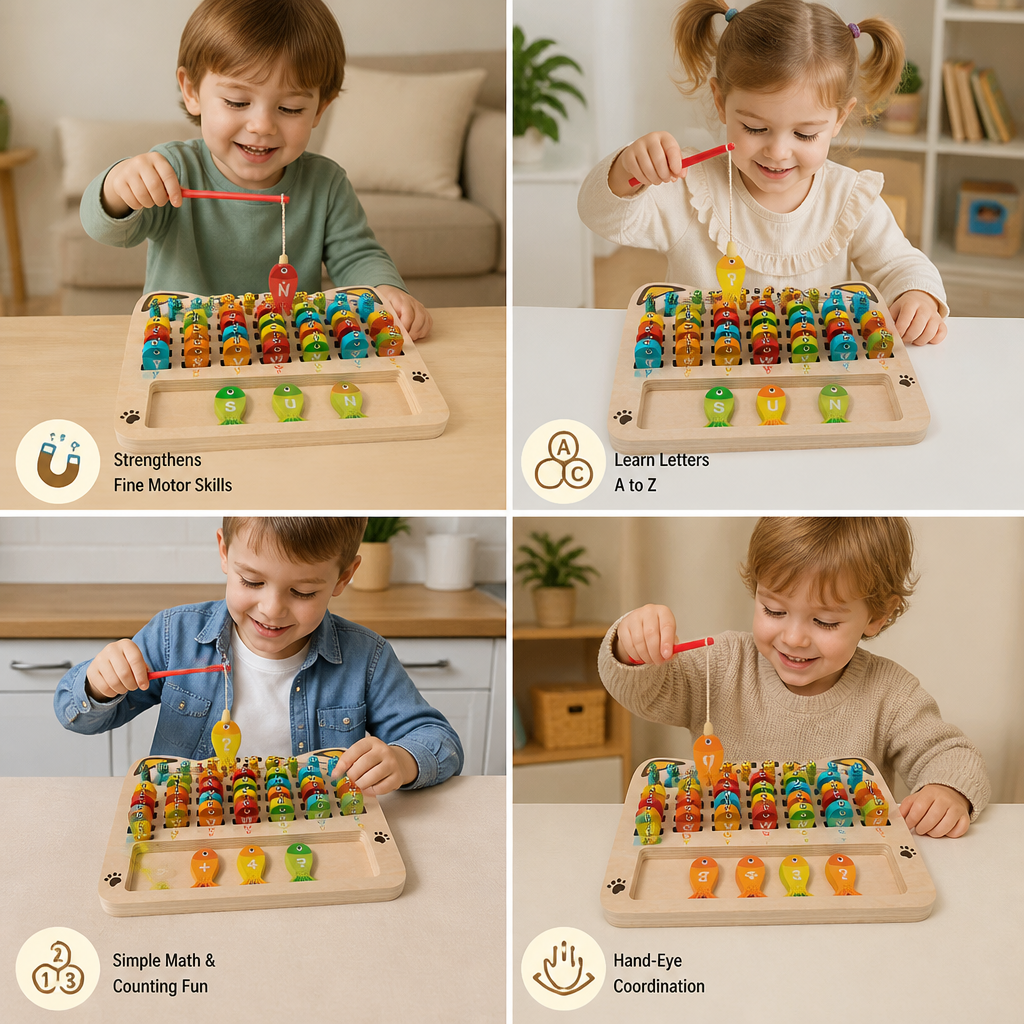 Wooden Magnetic Fishing Game – Alphabet, Math & Fine Motor Skills Learning Toy for Kids