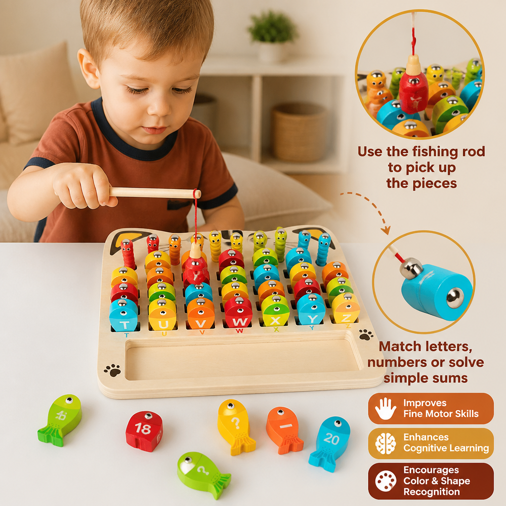 Wooden Magnetic Fishing Game – Alphabet, Math & Fine Motor Skills Learning Toy for Kids