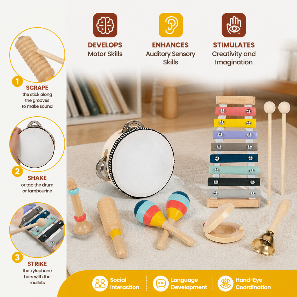 Wooden Musical Instrument Set – Montessori Percussion & Rhythm Learning Toys for Kids