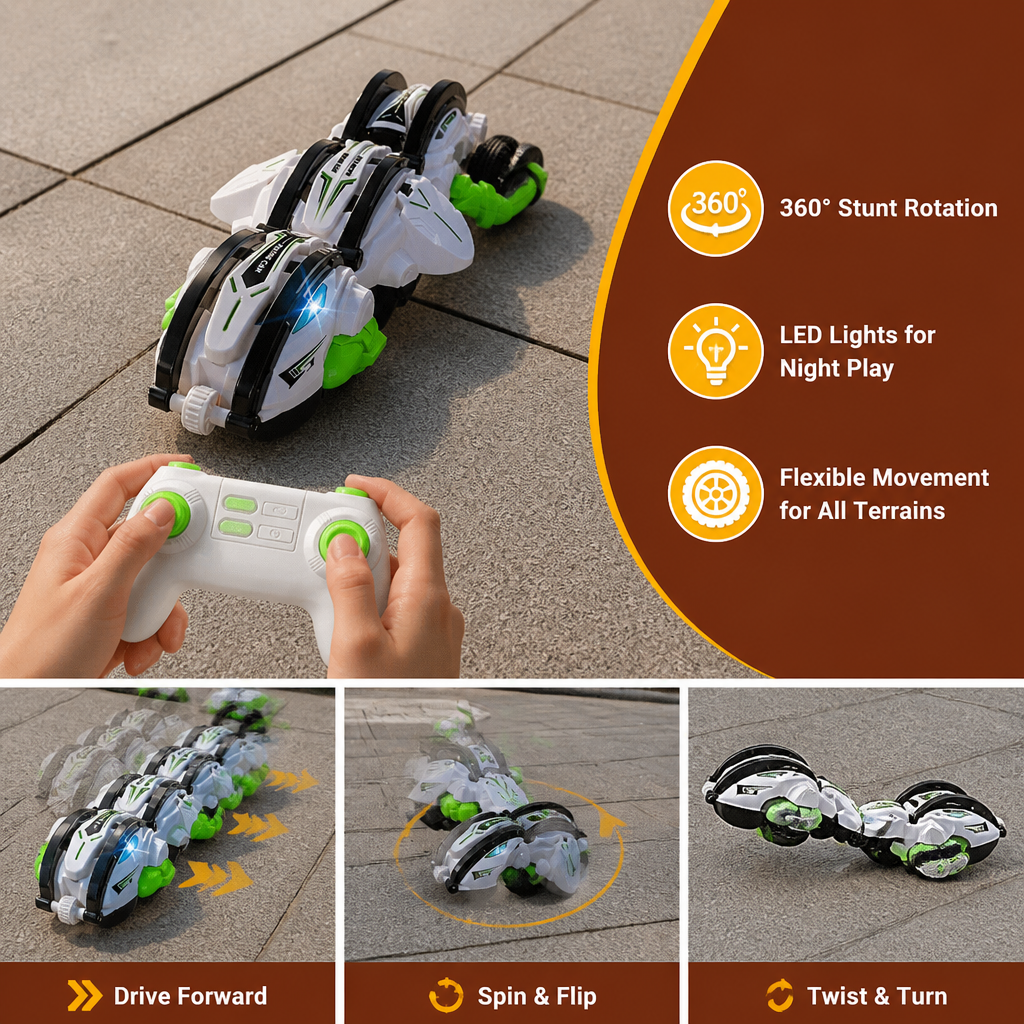 2-in-1 Remote Control Transforming Stunt Car with 360° Rotation & LED Lights