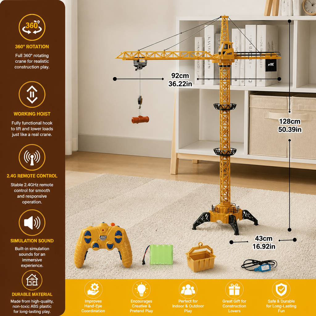 Remote Control Tower Crane – 360° Rotating Construction Toy with Lifting Function