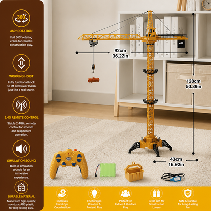 Remote Control Tower Crane – 360° Rotating Construction Toy with Lifting Function