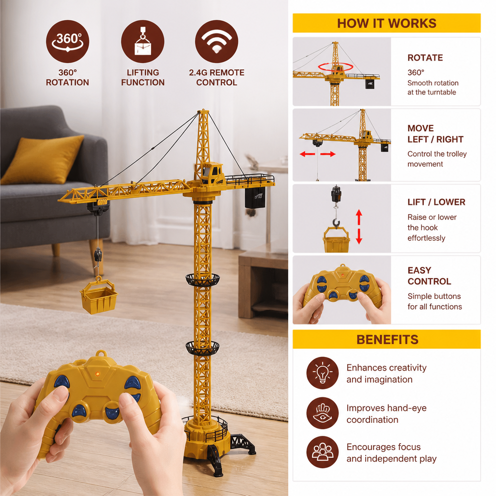 Remote Control Tower Crane – 360° Rotating Construction Toy with Lifting Function