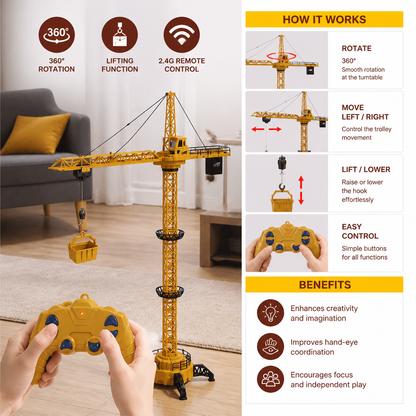 Remote Control Tower Crane – 360° Rotating Construction Toy with Lifting Function