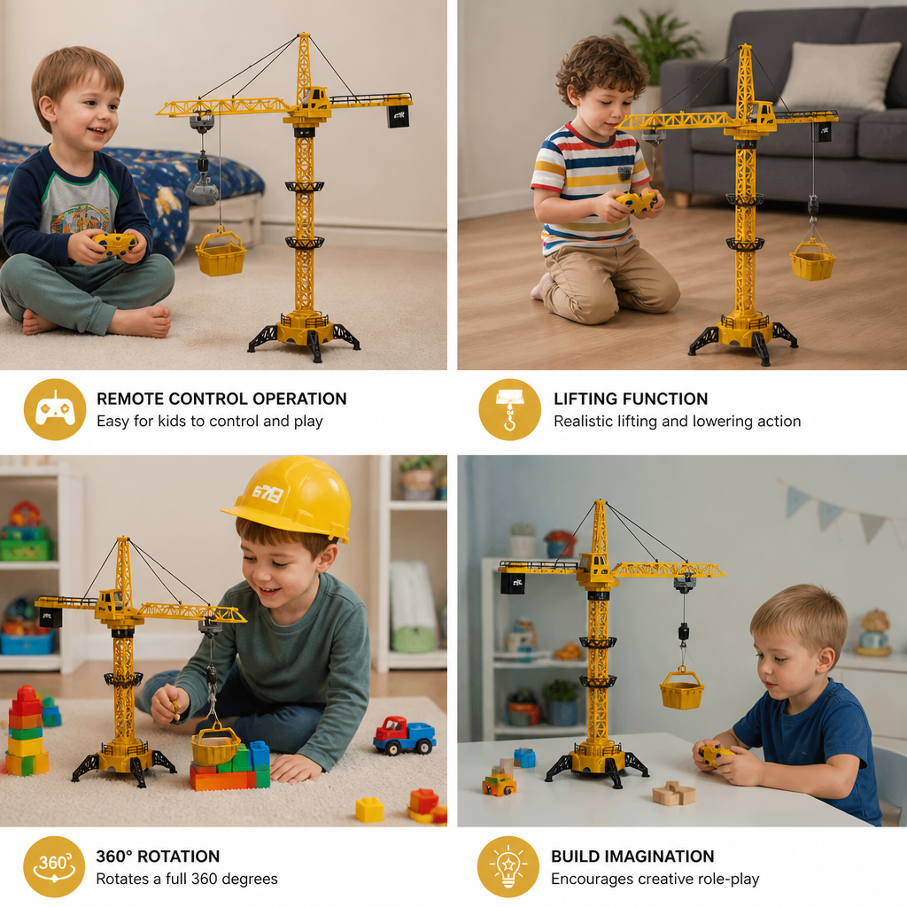 Remote Control Tower Crane – 360° Rotating Construction Toy with Lifting Function