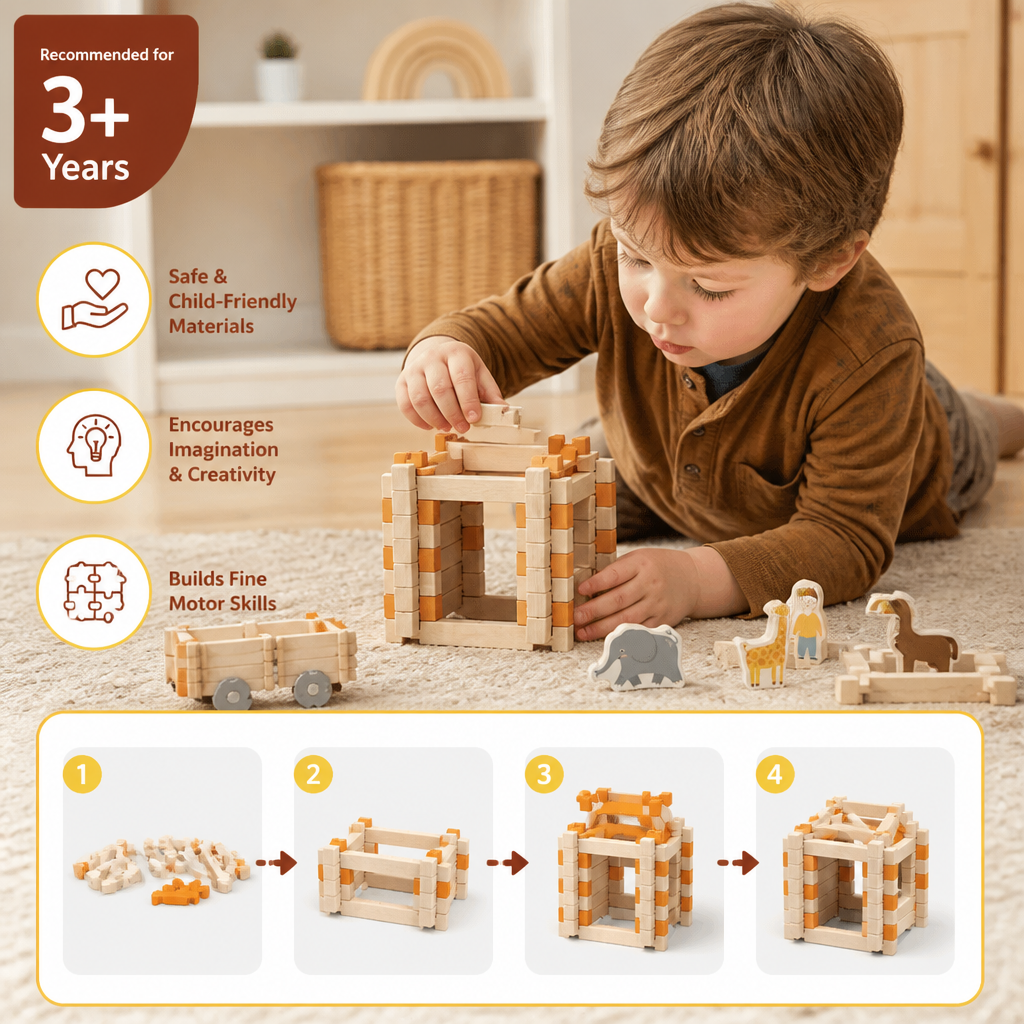 Montessori wooden building block set – natural stacking and construction toy