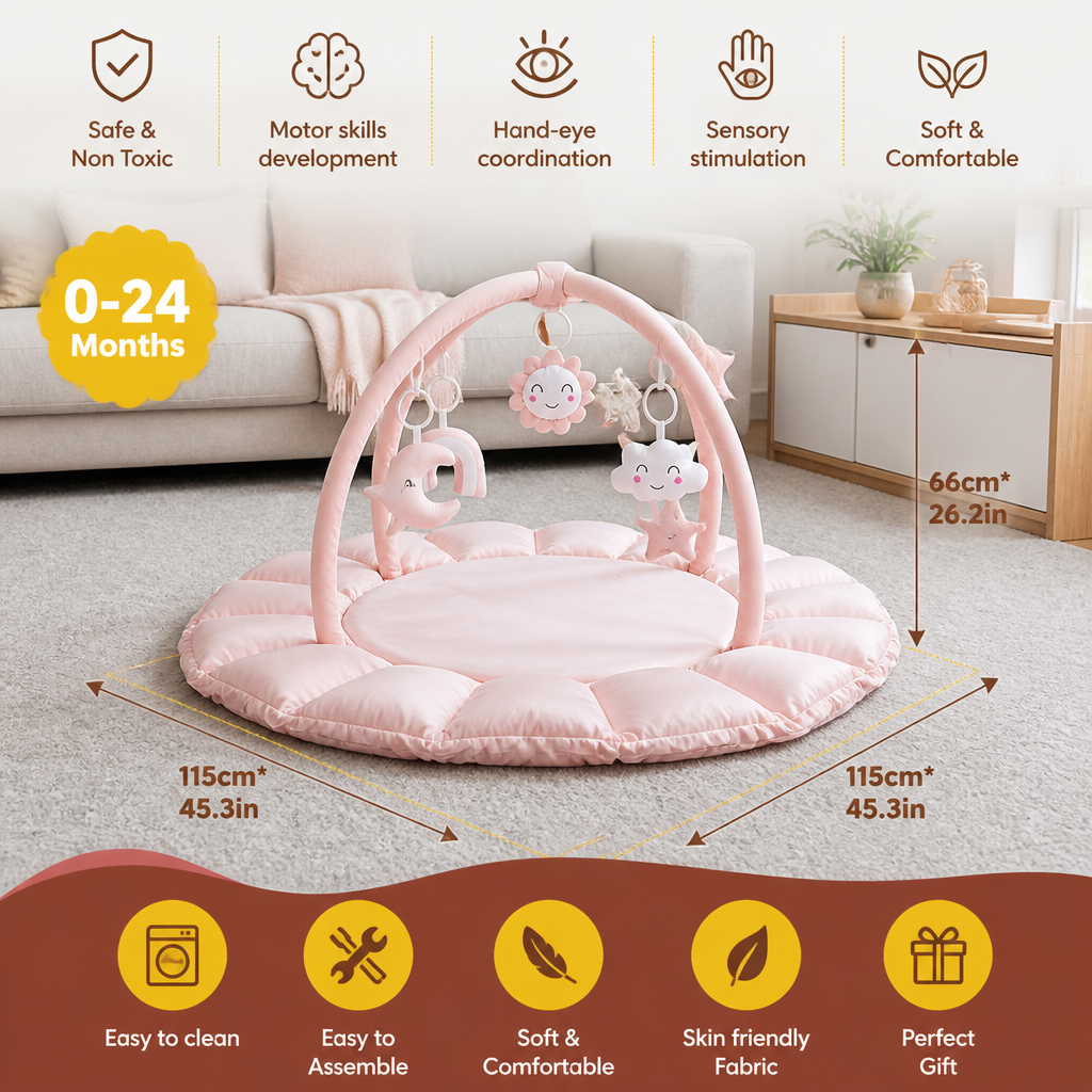 5-in-1 Plush Baby Play Gym, Activity Mat & Bed with Hanging Toys