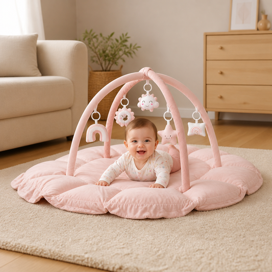 5-in-1 Plush Baby Play Gym, Activity Mat & Bed with Hanging Toys