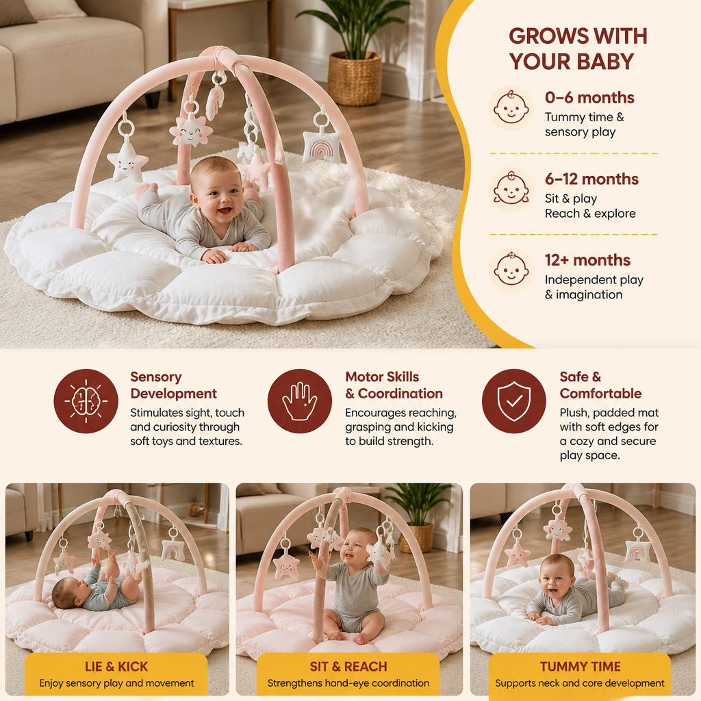 5-in-1 Plush Baby Play Gym, Activity Mat & Bed with Hanging Toys