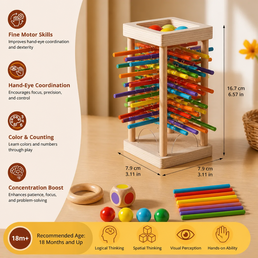 Educational 3-in-1 Wooden Ball and Stick Dexterity Game