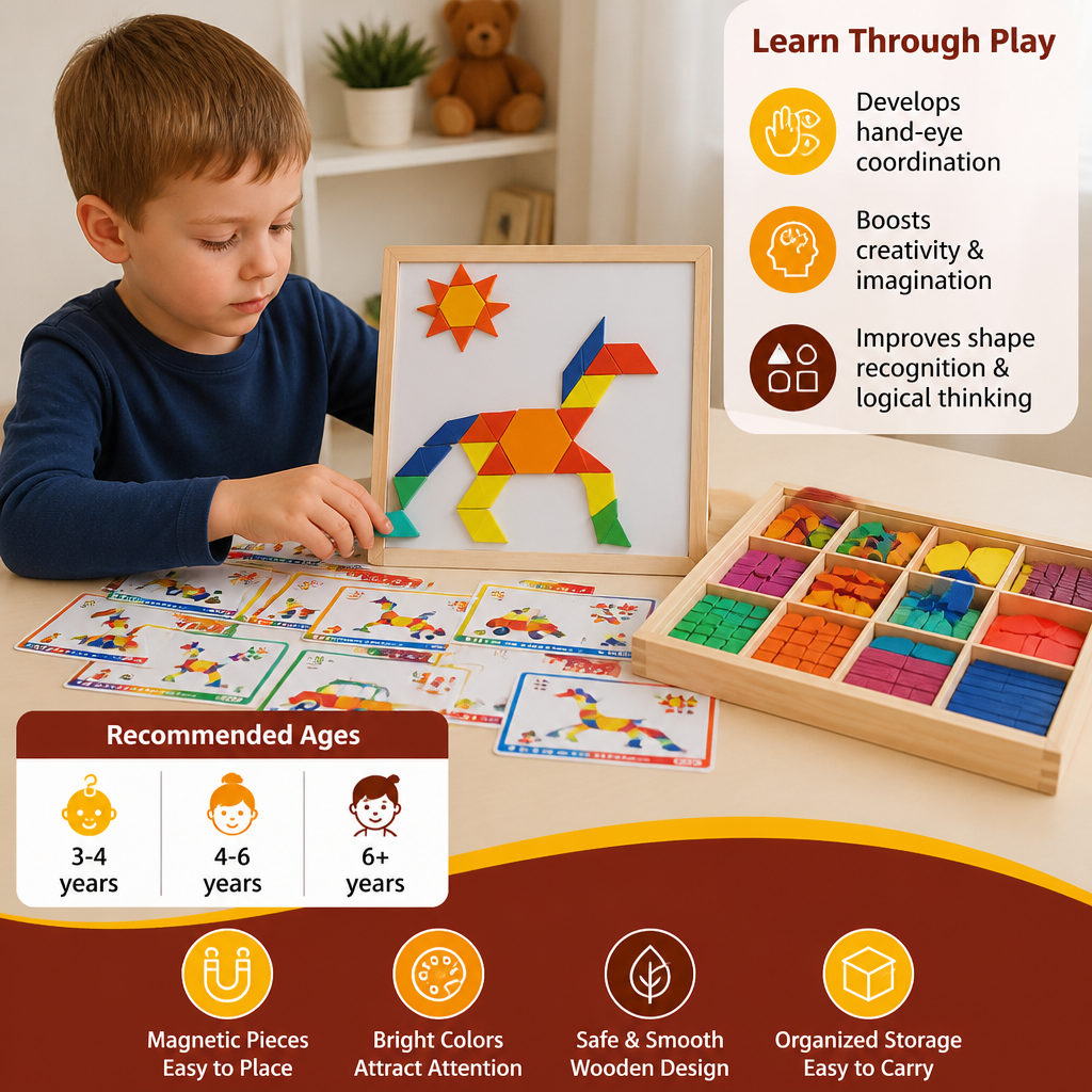 Wooden Magnetic Geometric Shape Puzzle for Kids