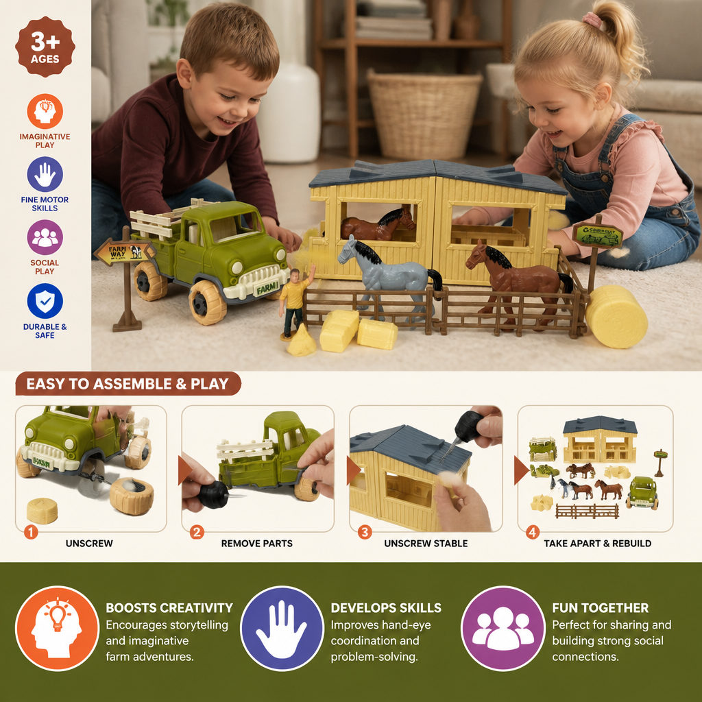 DIY Take-Apart Farm Truck & Horse Stable Play Set for Kids