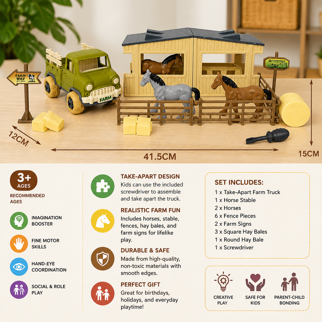 DIY Take-Apart Farm Truck & Horse Stable Play Set for Kids