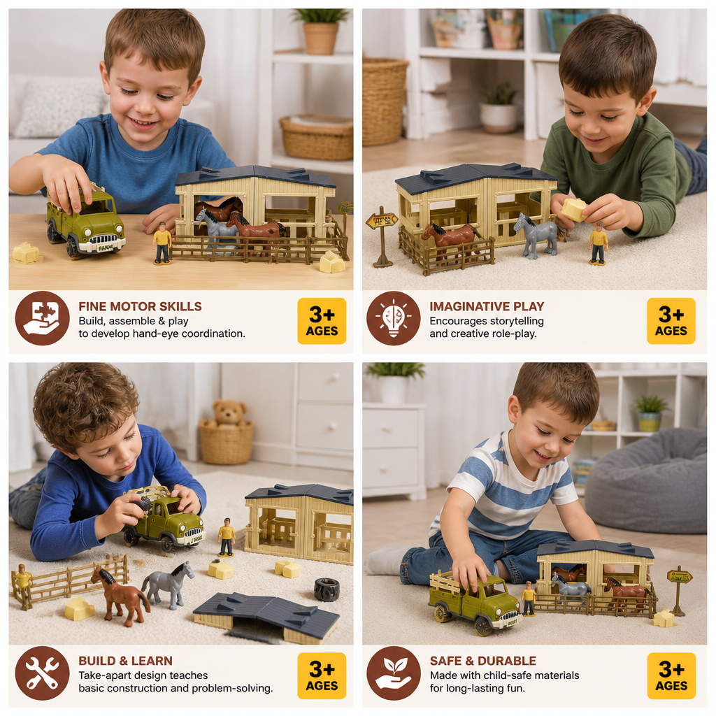 DIY Take-Apart Farm Truck & Horse Stable Play Set for Kids