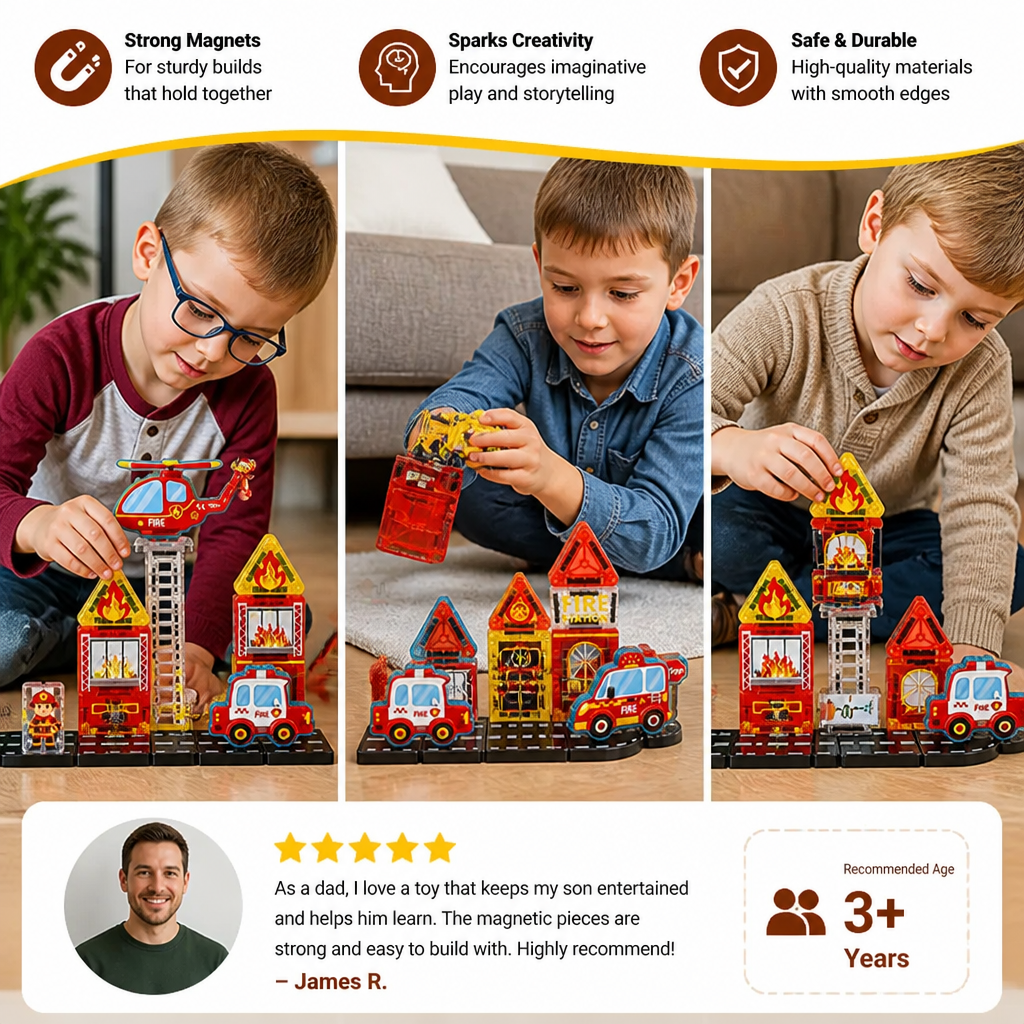 40-Piece Magnetic Travel Building Set with Construction, Fire Truck & Police Vehicles