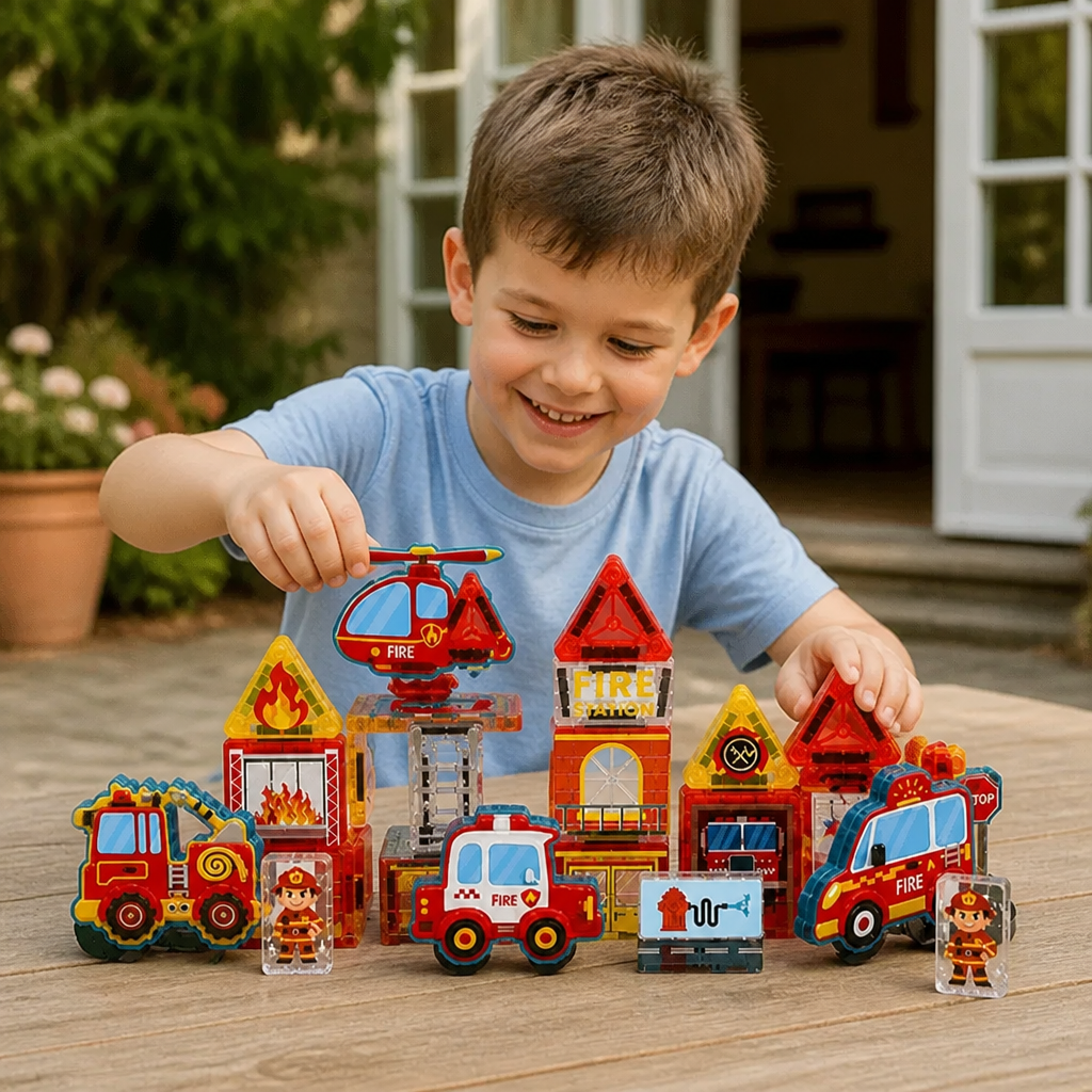 40-Piece Magnetic Travel Building Set with Construction, Fire Truck & Police Vehicles
