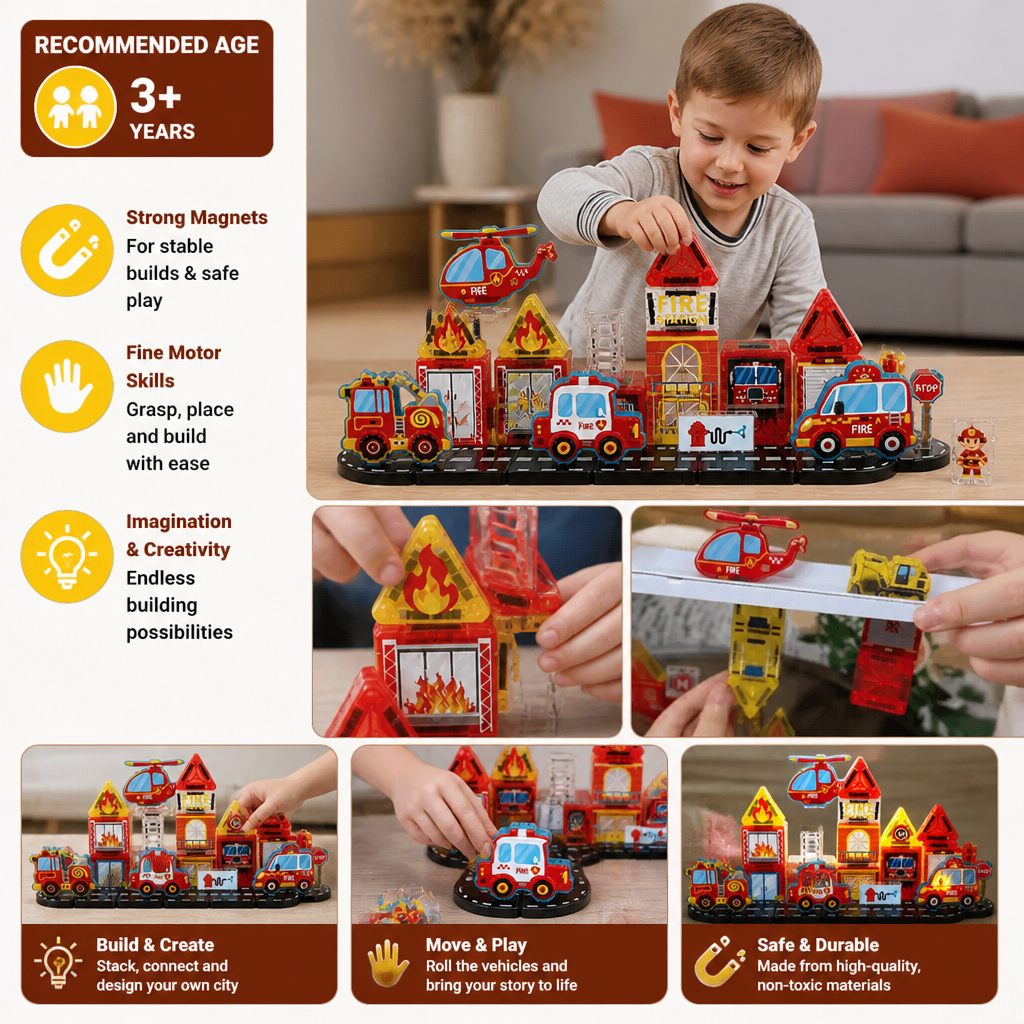 40-Piece Magnetic Travel Building Set with Construction, Fire Truck & Police Vehicles