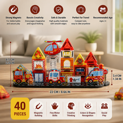 40-Piece Magnetic Travel Building Set with Construction, Fire Truck & Police Vehicles