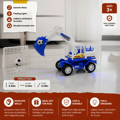 Musical Excavator Toy with Automatic Soccer Ball Scooping & LED Lights