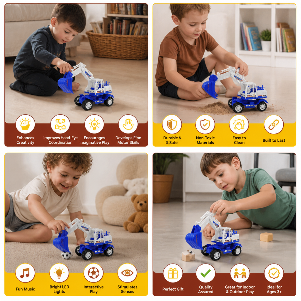 Musical Excavator Toy with Automatic Soccer Ball Scooping & LED Lights