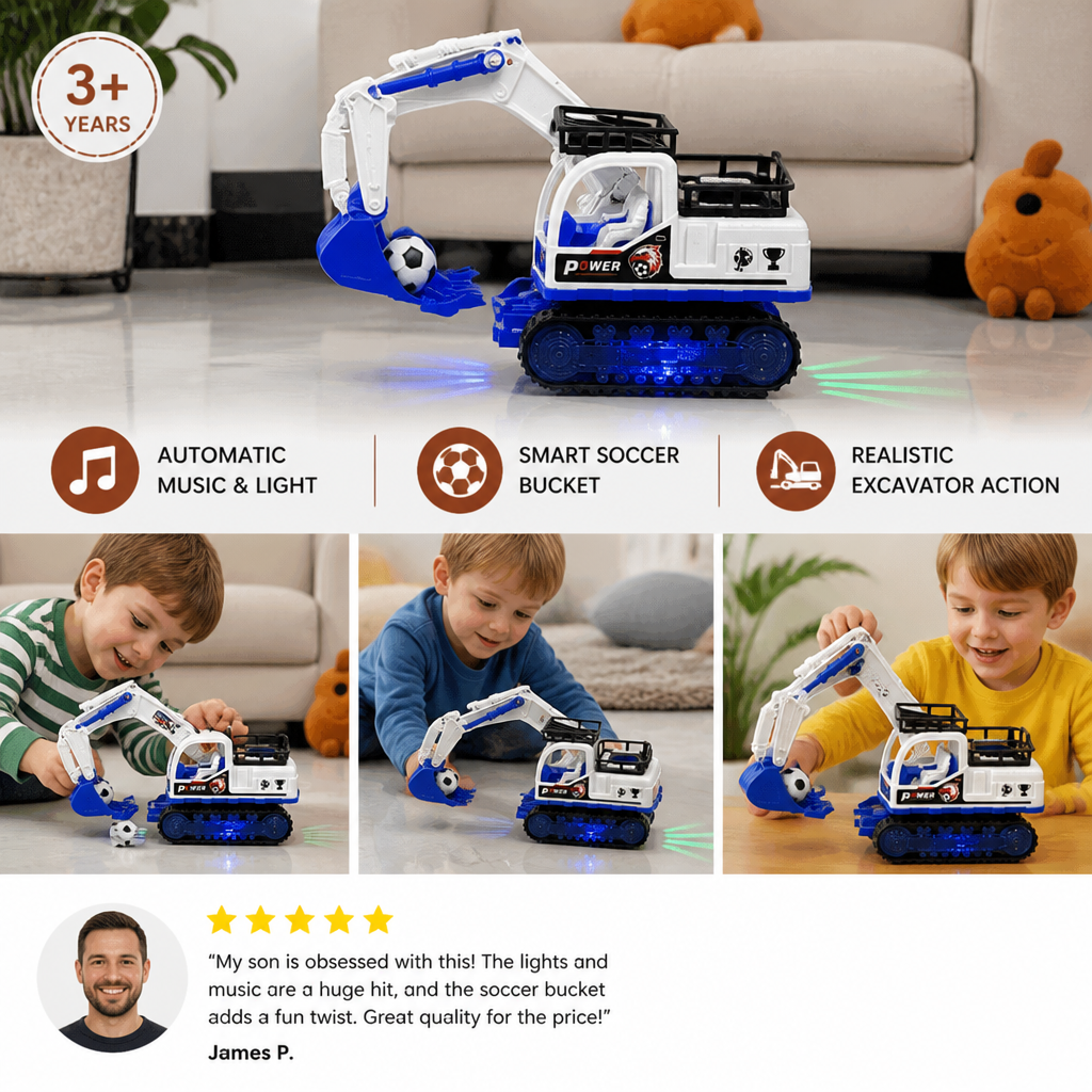 Musical Excavator Toy with Automatic Soccer Ball Scooping & LED Lights