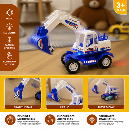Musical Excavator Toy with Automatic Soccer Ball Scooping & LED Lights