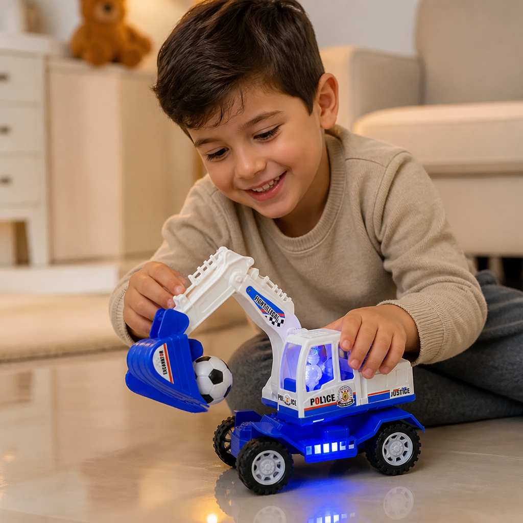 Musical Excavator Toy with Automatic Soccer Ball Scooping & LED Lights