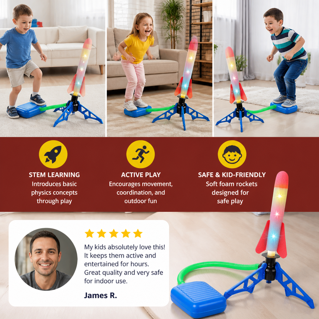 Safe & Soft Kids Rocket Launcher- Lightning Air-Powered Indoor Fun