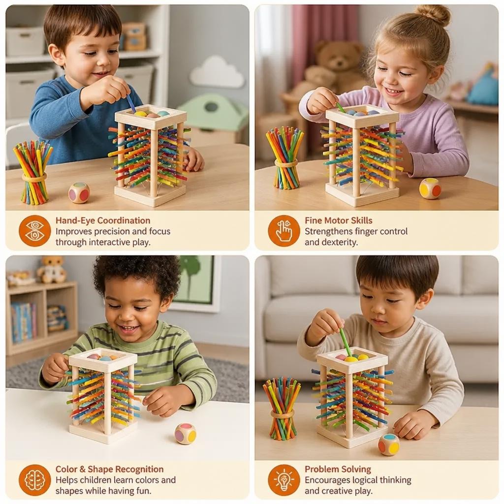 Educational 3-in-1 Wooden Ball and Stick Dexterity Game