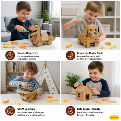 Safe 100-Piece STEM Cardboard Construction Kit with Tool Set for Kids