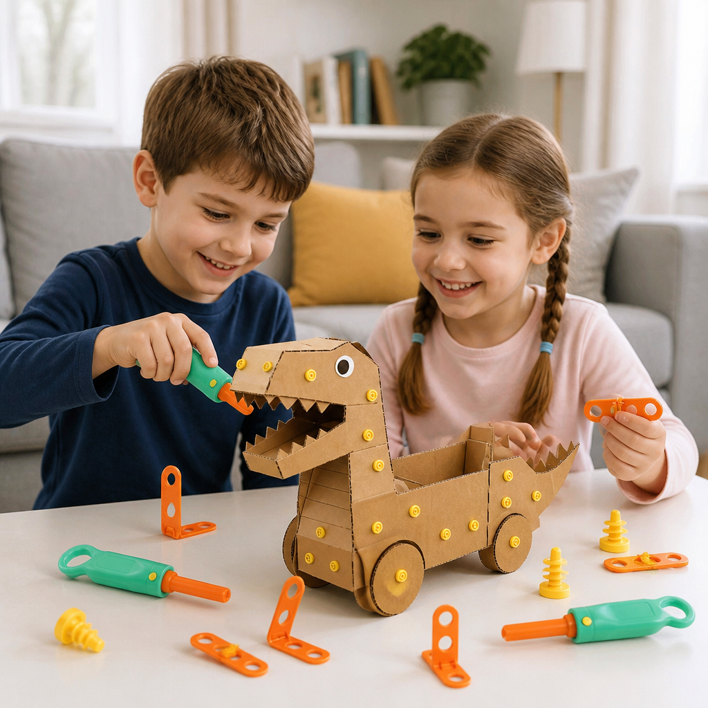 Safe 100-Piece STEM Cardboard Construction Kit with Tool Set for Kids