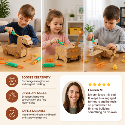 Safe 100-Piece STEM Cardboard Construction Kit with Tool Set for Kids