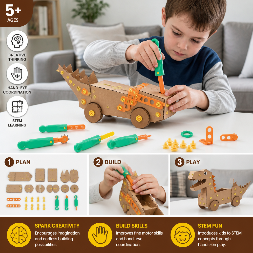 Safe 100-Piece STEM Cardboard Construction Kit with Tool Set for Kids