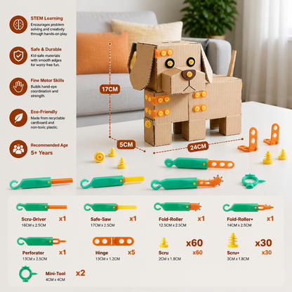 Safe 100-Piece STEM Cardboard Construction Kit with Tool Set for Kids