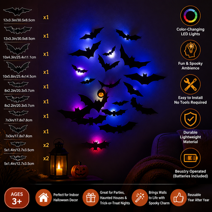 3D LED Halloween Bat Wall Decoration with Color-Changing Lights
