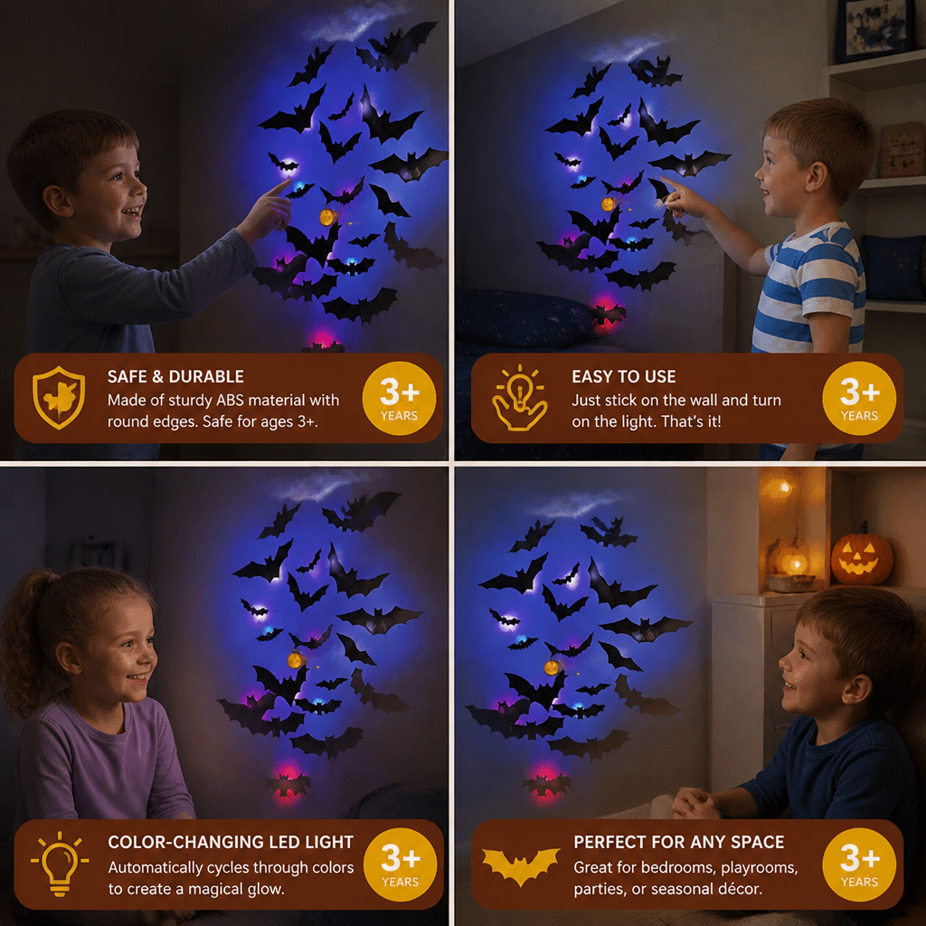3D LED Halloween Bat Wall Decoration with Color-Changing Lights