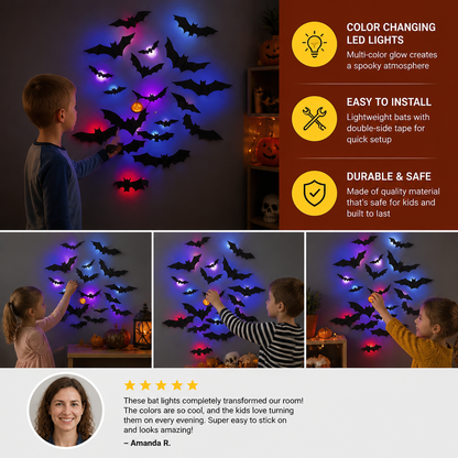 3D LED Halloween Bat Wall Decoration with Color-Changing Lights