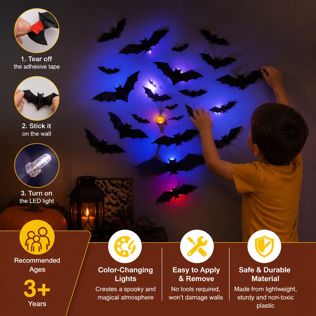 3D LED Halloween Bat Wall Decoration with Color-Changing Lights