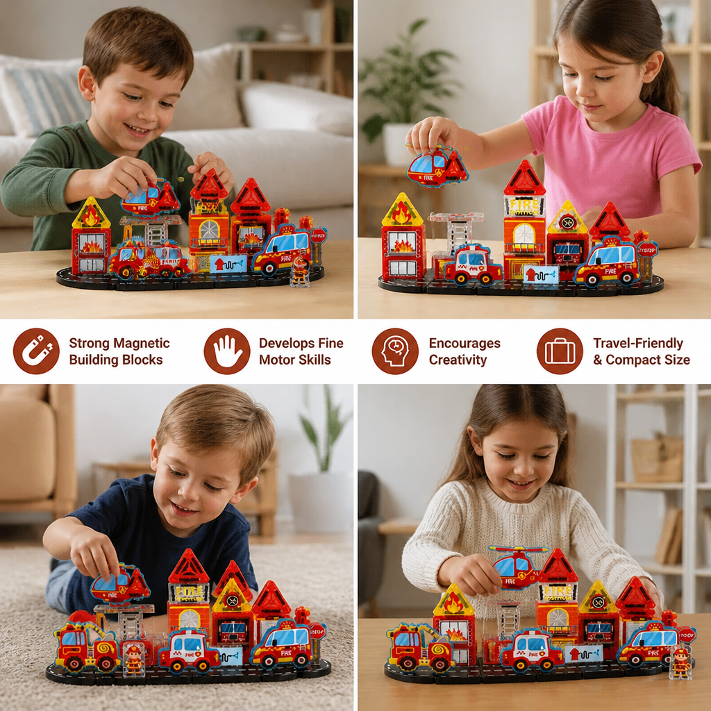 40-Piece Magnetic Travel Building Set with Construction, Fire Truck & Police Vehicles